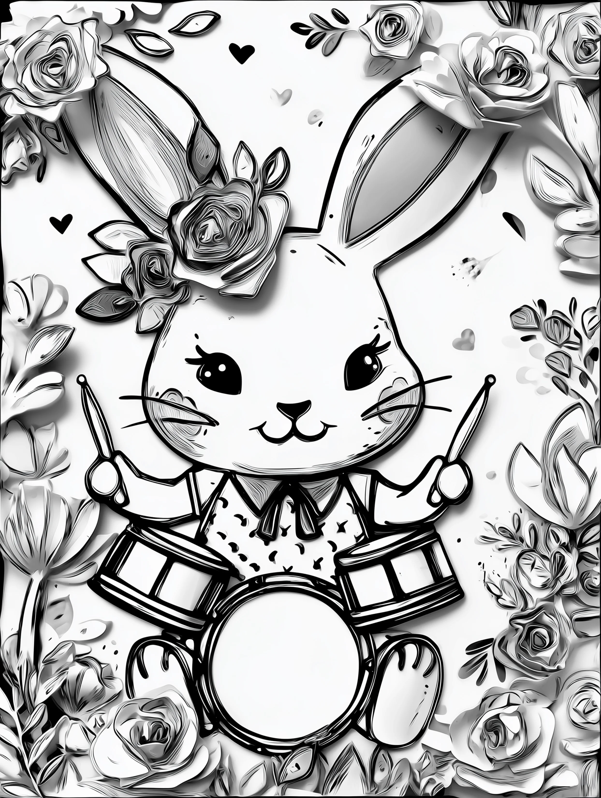 Free printable rabbit coloring page for adults featuring a bunny playing drums